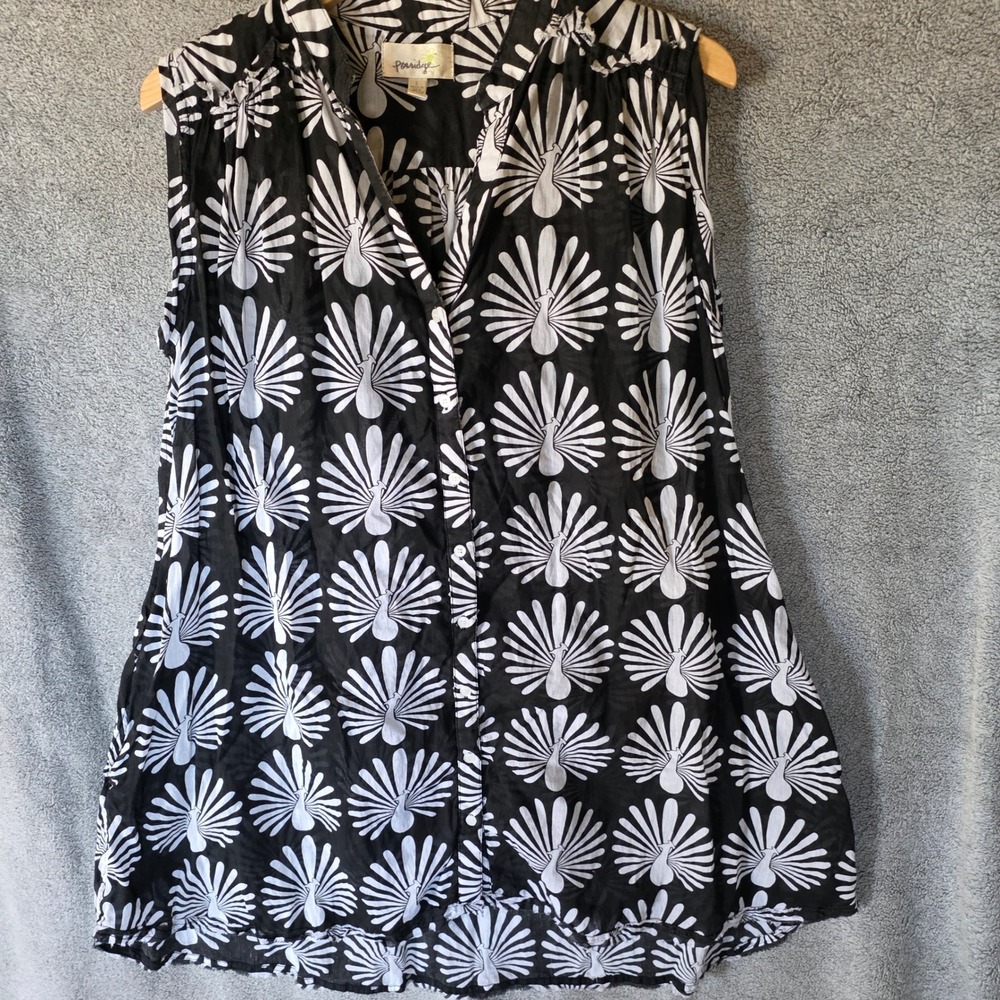 Porridge Anthropologie Black White Peacock Sleeveless Button Down Tunic Dress S